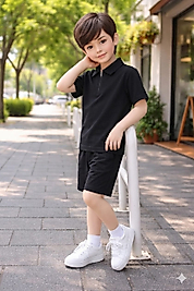 Erkek Çocuk Krem-Ekru-Siyah Polo Fermuarlı Yaka Tshirt-Şort Bayramlık Şık Düğünlük İkili Takım