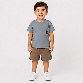 Erkek Bebek Çocuk Gri Tshirt - Kahverengi Şort Takım