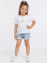 Beyaz Fırfır Detaylı Kalp Baskılı Tshirt