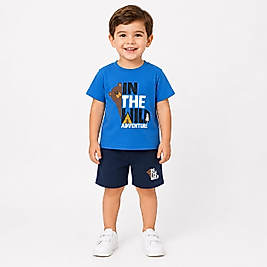 Erkek Bebek Eğlenceli Baskılı Mavi Tshirt Siyah Şort Takım