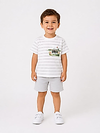 Erkek Bebek Çocuk Gri Araba Baskılı Çizgili T shirt Takım