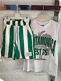 Çizgili şortlu full likralı tişört takım