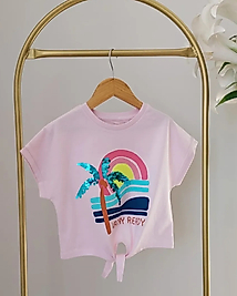 Pembe ön bağlama detaylı tişört