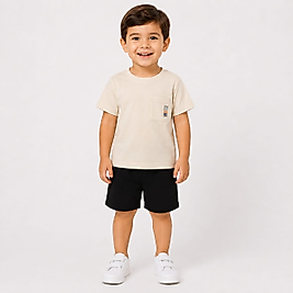 Erkek Bebek Krem Tshirt Siyah Şort Takım